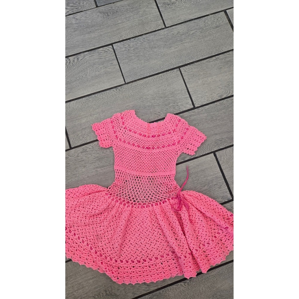 Handmade Pink Crochet Dress Kids Ribbon Accent Open Weave Vintage Style - Picture 4 of 6